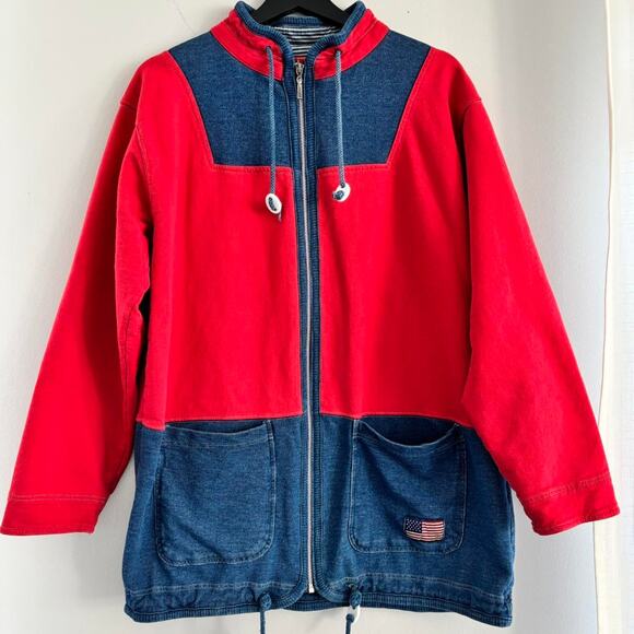 90s Vintage Liz Claiborne Liz & Co Full Zip Jacket Drawstring Red Blue Denim - Picture 1 of 5